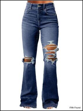 Women's Flare Ripped Distressed Bootcut Jeans Stretch Denim Mid Rise